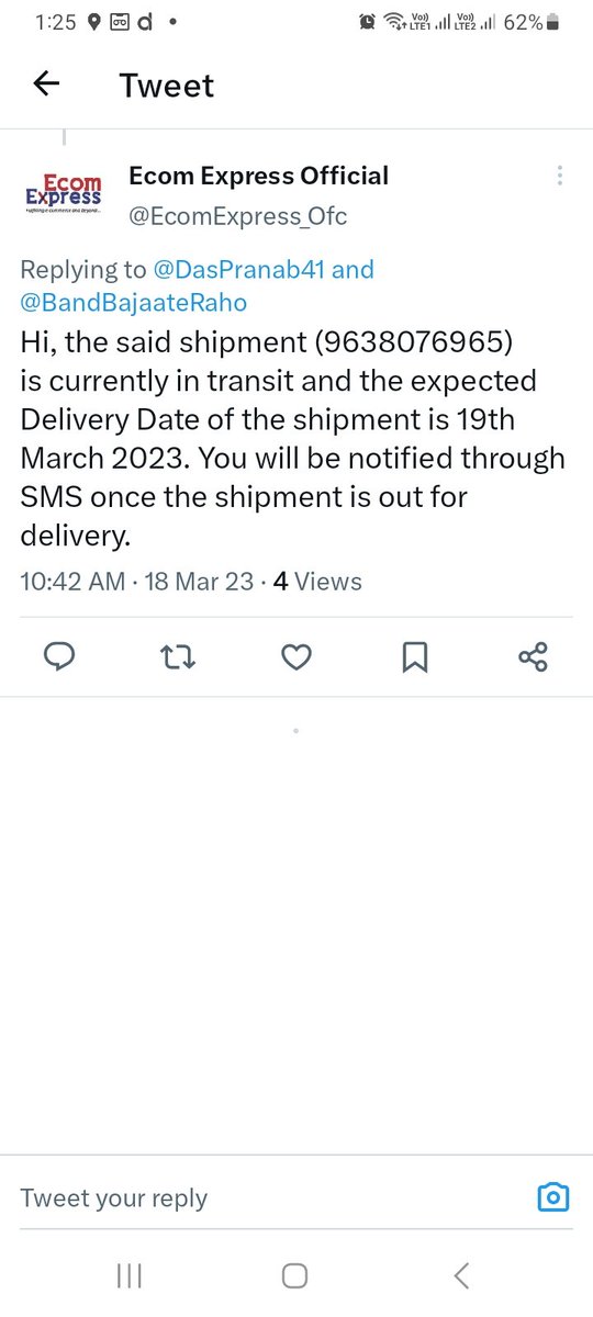 DasPranab41's tweet photo. @EcomExpress_Ofc @boodmo_In @BandBajaateRaho @BuyersWatchDog @DeccanChronicle @toi @jagograhakjago @PMOIndia @TelanganaDGP @Praveen63413918 @MertiaKaran Two versions come in the space of less than 2 hours. Last but one time #ecomexpress said that the order had been delivered. Then the version was it will be delivered tomorrow. Latest is it has been returned. #boodmo and #ecomexpress have false hope for > a month and took my money https://t.co/lasaEDzkl8
