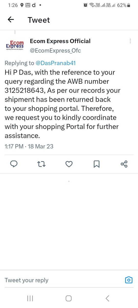 DasPranab41's tweet photo. @EcomExpress_Ofc @boodmo_In @BandBajaateRaho @BuyersWatchDog @DeccanChronicle @toi @jagograhakjago @PMOIndia @TelanganaDGP @Praveen63413918 @MertiaKaran Two versions come in the space of less than 2 hours. Last but one time #ecomexpress said that the order had been delivered. Then the version was it will be delivered tomorrow. Latest is it has been returned. #boodmo and #ecomexpress have false hope for > a month and took my money https://t.co/lasaEDzkl8