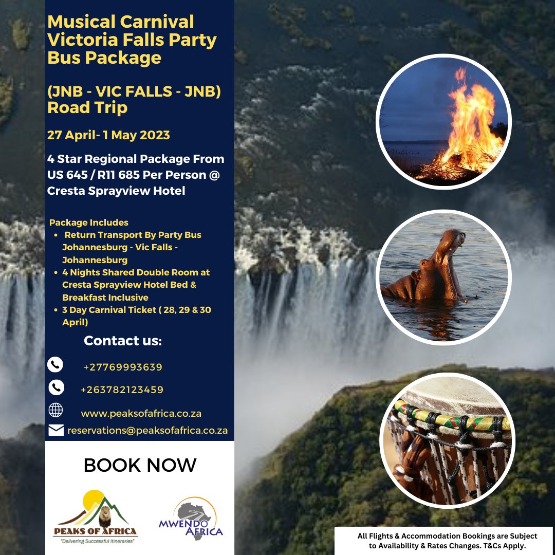 PeaksofAfrica's tweet photo. The annual #Victoriafalls festival is around the corner. The iconic Zimbabwe festival features musical and tour based activities. Book the package for your needs and embrace a one of a kind travel experience. #Zimbabwetravel #Satravel #weekendvibes
https://t.co/FrpByc01Qb https://t.co/AmrWD7VMQR