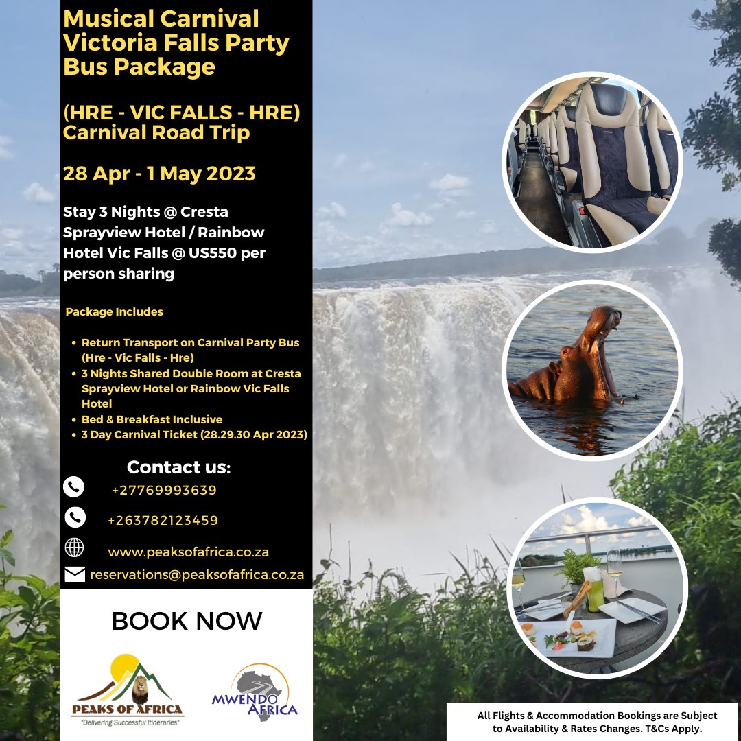 PeaksofAfrica's tweet photo. The annual #Victoriafalls festival is around the corner. The iconic Zimbabwe festival features musical and tour based activities. Book the package for your needs and embrace a one of a kind travel experience. #Zimbabwetravel #Satravel #weekendvibes
https://t.co/FrpByc01Qb https://t.co/AmrWD7VMQR