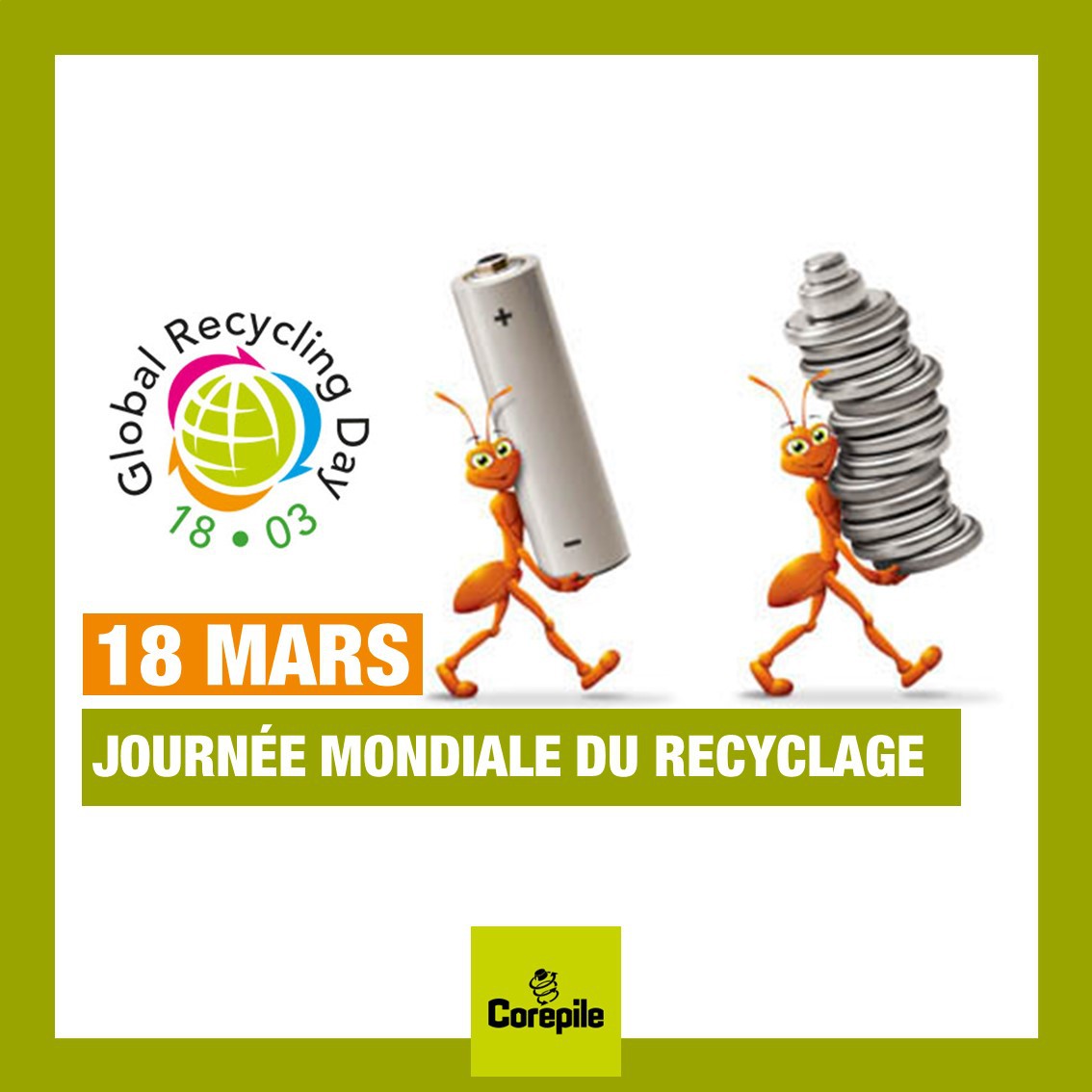 corepile's tweet photo. ♻️ Le 18 mars, c’est la Journée Mondiale du #Recyclage.
🔋 Pour bien #recycler, il faut avant tout bien trier !
Pensez déposer vos #piles et batteries usagées dans l’un des 32 000 points de collecte #Corepile. 
📍 Trouvez le plus proche de chez vous sur : https://t.co/3MH89jVQZj https://t.co/oUInKy23XC