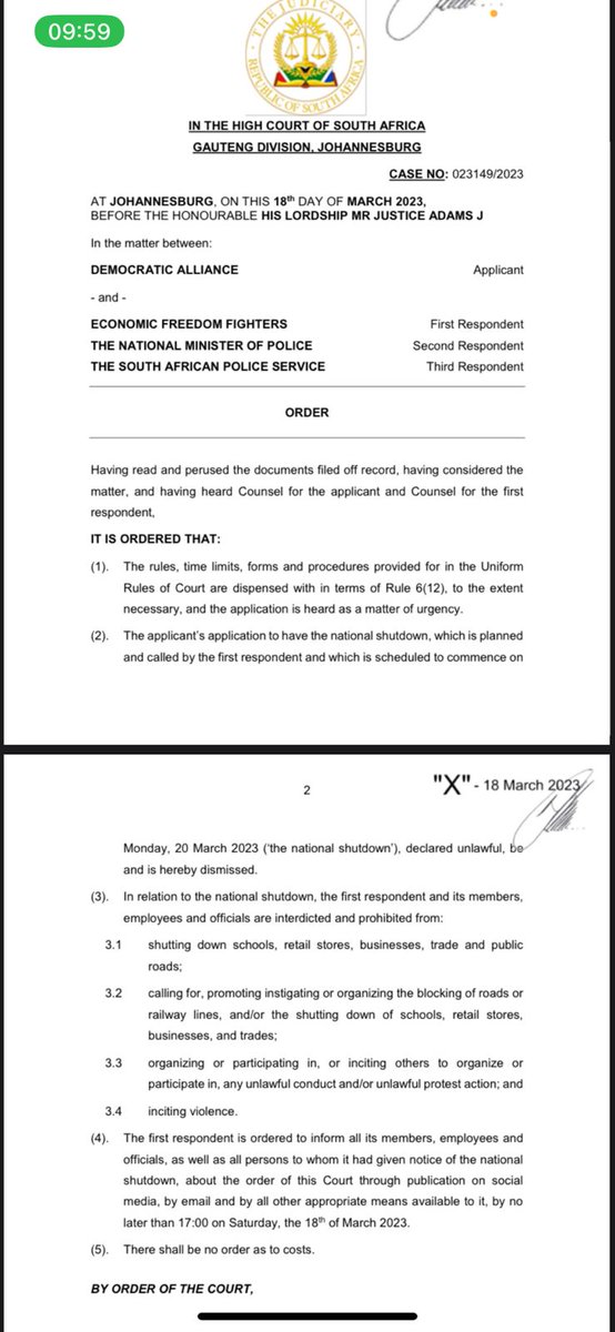 The DA has successfully obtained a NATIONAL INTERDICT preventing the EFF or its supporters from undertaking any illegal activity, or closing down institutions, or applying any form of coercion on any citizen exercising their lawful rights and freedoms.