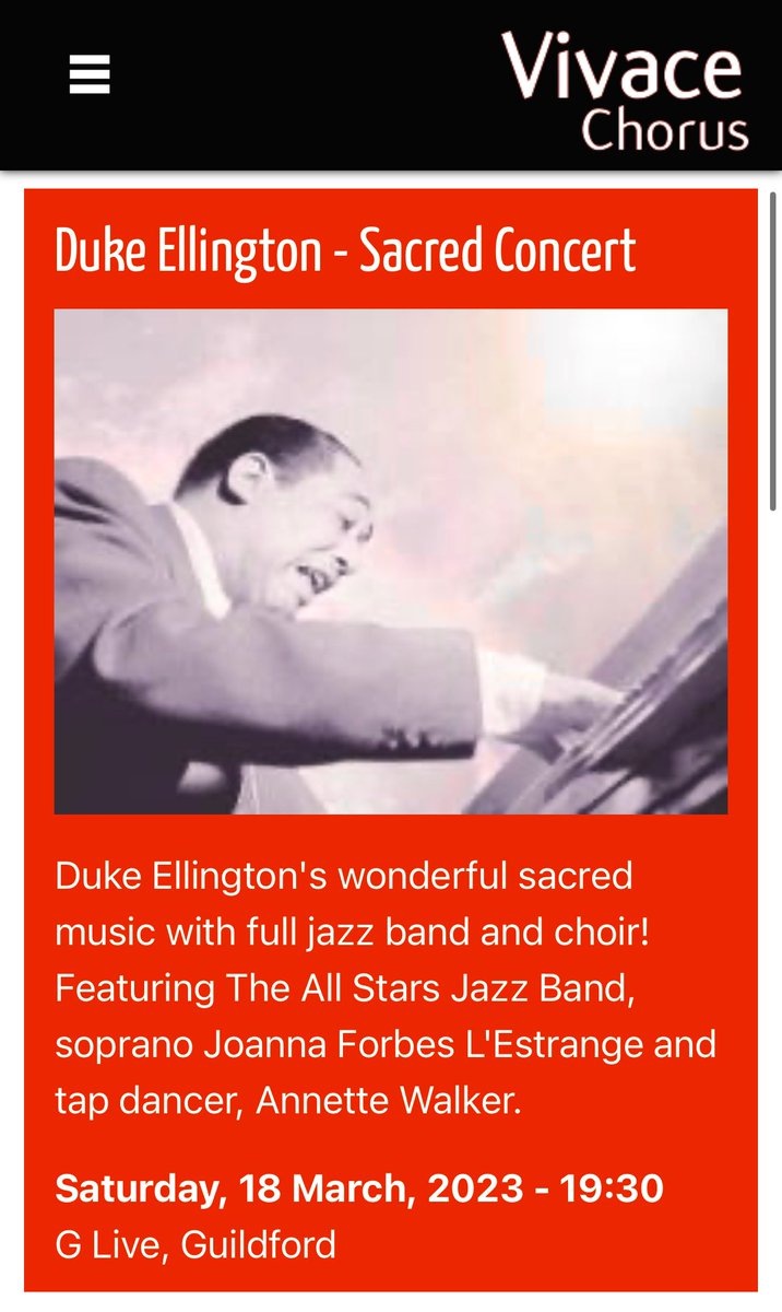 Joanna Forbes L'Estrange (@joforbesle) on Twitter photo Gearing UP to perform Duke Ellingtonās masterpiece TONIGHT <a href="/GLiveGuildford/">G Live</a> with AWESOME jazz musicians and <a href="/VivaceChorus/">Vivace Chorus</a> <a href="/JeremyBackhouse/">Jeremy Backhouse</a> Music by <a href="/bobchilcott/">Bob Chilcott</a> and @Will_Todd_Music too. Still a few tickets left glive.co.uk/Online/tickets⦠#jazzsinger Gearing UP to perform Duke Ellingtonās masterpiece TONIGHT <a href="/GLiveGuildford/">G Live</a> with AWESOME jazz musicians and <a href="/VivaceChorus/">Vivace Chorus</a> <a href="/JeremyBackhouse/">Jeremy Backhouse</a> Music by <a href="/bobchilcott/">Bob Chilcott</a> and @Will_Todd_Music too. Still a few tickets left glive.co.uk/Online/tickets⦠#jazzsinger