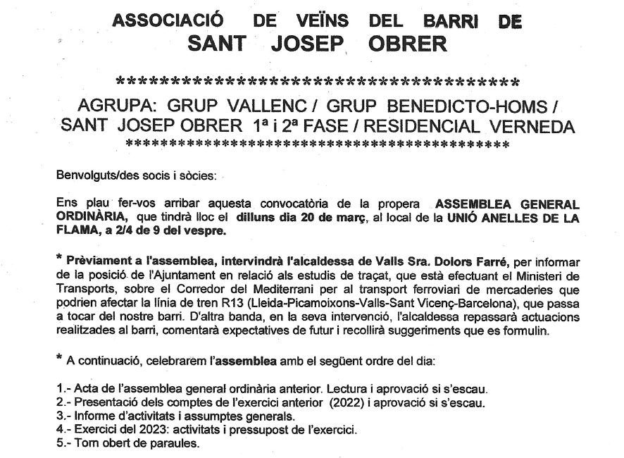 avvstjosepobrer's tweet image. 🏘️ ASSEMBLEA 2️⃣0️⃣2️⃣3️⃣
AV SANT JOSEP OBRER DE VALLS

📅Dilluns 20 de març 
🕤 2/4 de 9 del vespre
📍Local @UAFValls 

Prèviament:
ℹ️🚂 Informació de la possible afectació del traçat del Corredor del Mediterrani a càrrec de l'Alcaldessa Sra. @DolorsFarre
#Valls #SantJosepObrerValls
