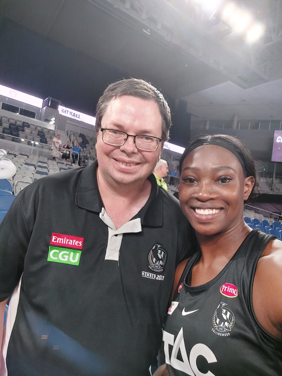 ScottRea's tweet photo. I had the pleasure of meeting some of the @collingwoodsn stars after the win. Thanks to Shimona, @MollyJovic1, @GevaMentor & @ash_braz for the photos. #GoPies #WeAreHere #SSNMagpiesSwifts #MAGvSWI https://t.co/5bgx0gbTNE