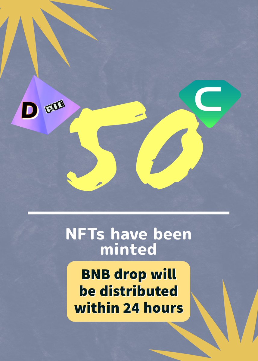 DeFiPie_Cryft's tweet photo. 50th NFT mint Milestone achieved.
BNB Drop will be distributed within 24 hours and 50th mint address will receive 50$ in bnb on top of bnb drop. https://t.co/WeKe9xQYbz