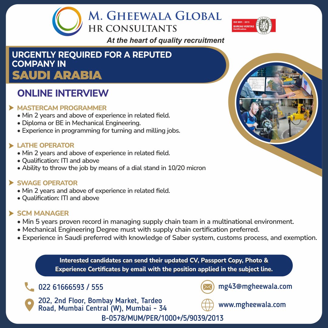 mgheewala_hrc's tweet photo. Job Vacancies for #Saudiarabia
Interested Candidates can send the updated resume to mg43@mgheewala.com
Job Opportunities on Telegram - https://t.co/831AMM3eDm
Learn More https://t.co/Ps4bxv1OLt
#programmer #operator #latheoperator #swageoperator #manager #scmmanager #saudijobs https://t.co/K3YgnKZlpU