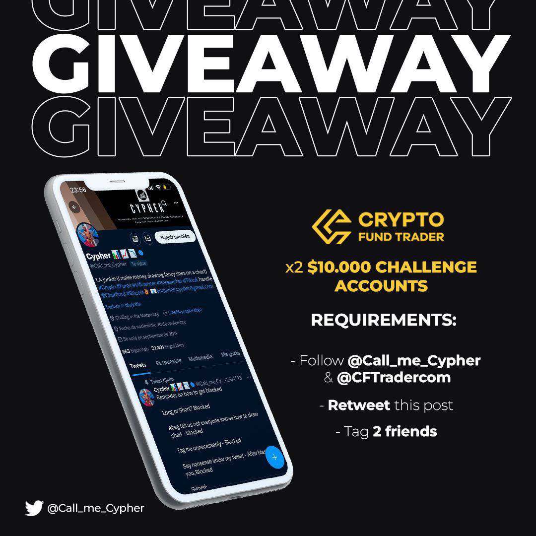 chartlord's tweet photo. I'll be giving away 10k$ Prop firm Evaluation accounts to two lucky traders each courtesy of @CFTradercom, all you have to do is follow the requirements in the image below.👇
Follow @chartlord and @CFTradercom, retweet &amp; tag two friends. Winners will be announced on Monday! https://t.co/F6E5ufYBCc