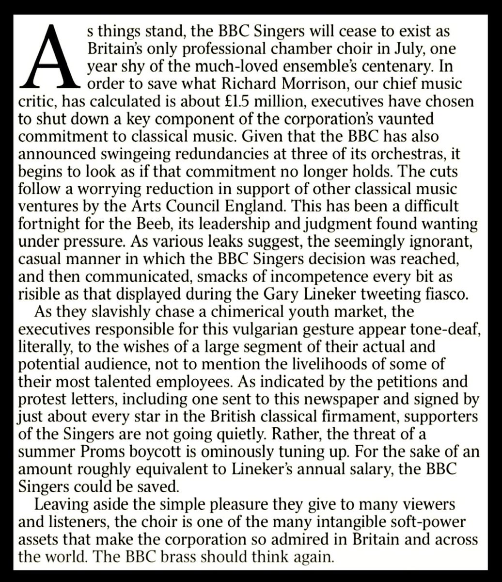 From The Times: “the seemingly ignorant manner in which the @BBCSingers decision was reached, and then communicated, smacks of incompetence every bit as risible as that displayed during the Gary Lineker tweeting fiasco”. @BBCMUSIC_ @BBC #bbc