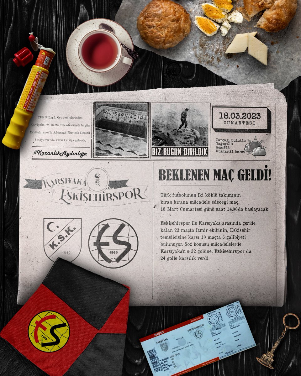 🖤 MAÇ GÜNÜ! ❤️
📢TFF 3. Lig 24. Hafta
🆚Karşıyaka
🗓18 Mart 2023
⏰14.00
🏟️Alsancak Mustafa Denizli Stadı
📲#KSKvsESK | #KaranlıkAydınlığa