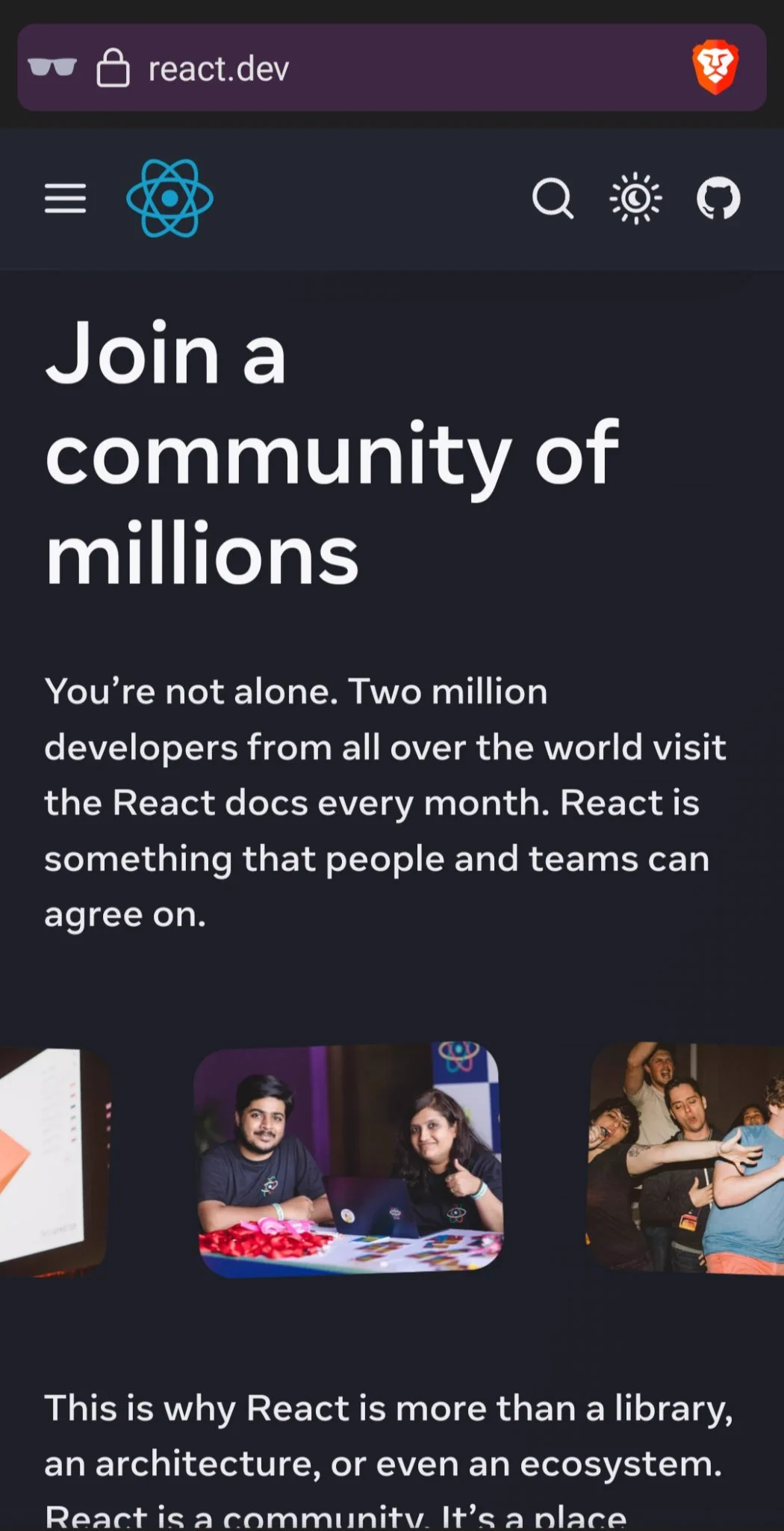 Ehtesham and Manjula on the new React home page.