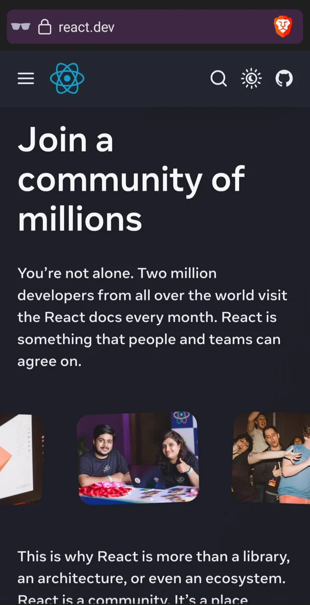 Ehtesham and Manjula on the new React home page.