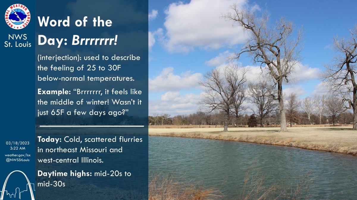 NWSStLouis's tweet photo. If you look up "Brrrrrrr!" in a dictionary, you'll probably find a definition similar to today.
Luckily, this will be the coldest day and we'll see a gradual warmup! Unfortunately, rain chances increase accordingly by Tuesday.
#MOwx #ILwx #STLwx #MidMOwx https://t.co/g5ODzNqWz7