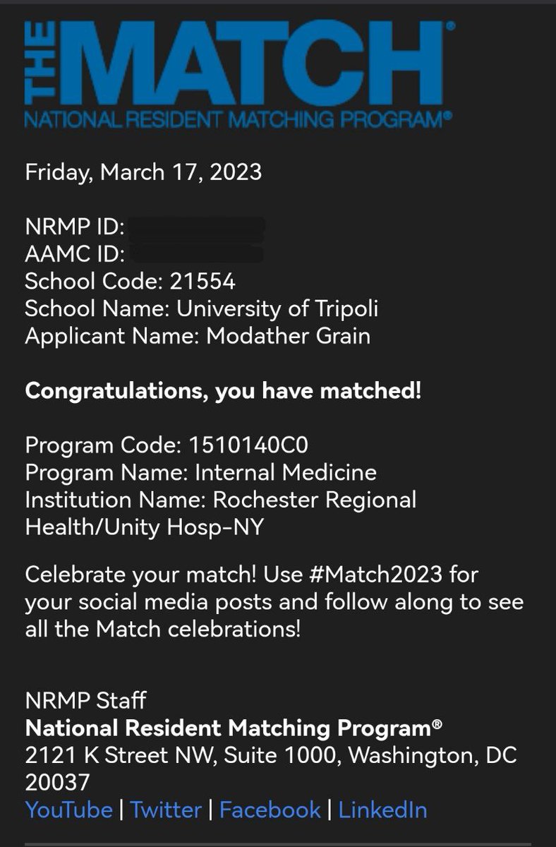 Grain_Modather's tweet photo. AlhamduLillah
I am glad to announce that I have been matched to @ROCRegional Health Unity Hospital #Internal_Medicine Program In one of the most beautiful cities I have visited during my stay in the United States. I am coming Rochester.
#Match2023 #RRH #UnityHospital #IM https://t.co/fJsqfE5Pt2