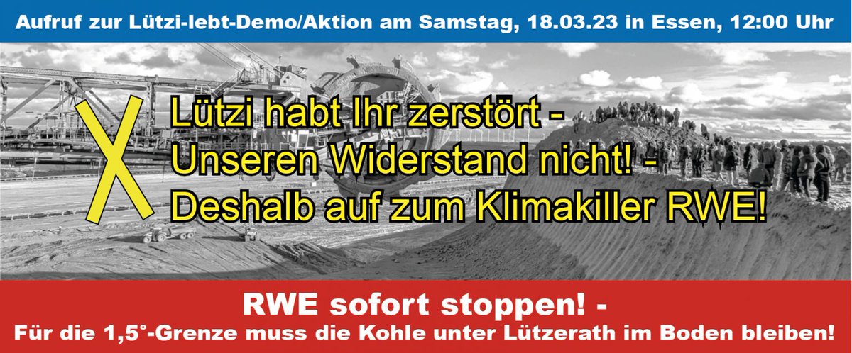 Heute ab 12 Uhr wird es eine Demo gegen RWE und den Abbau von Braunkohle in Lützerath und Umgebung durch die Innenstadt geben.  Infos unter mahnwache-essen.de
Machen wir uns also in geballter Form dazu auf unseren Protest gegen RWE zu zeigen, denn Lützerath ist überall!