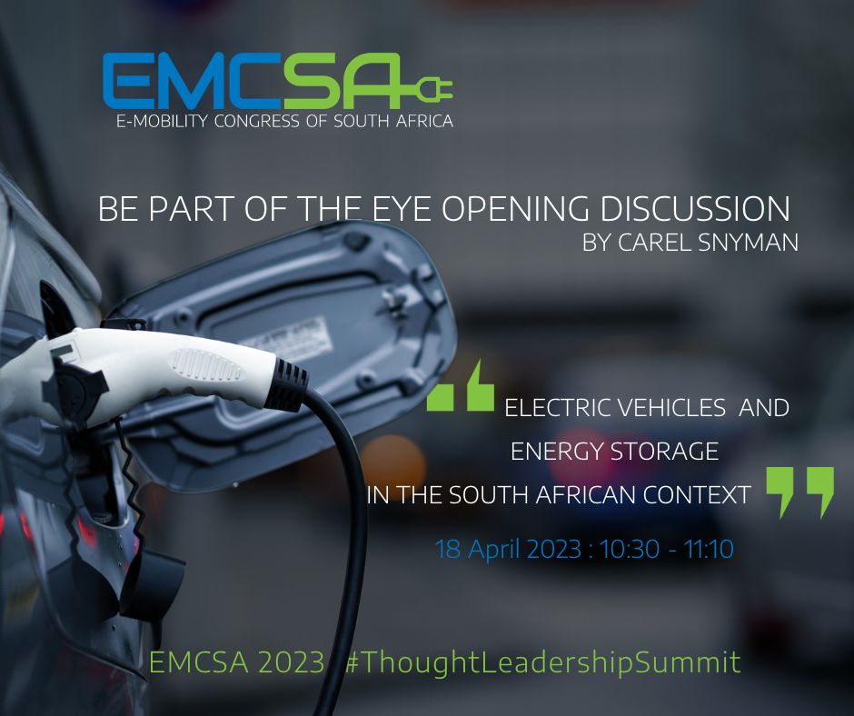 Carel Snyman will be unpacking the topic, ‘Electric Vehicles and Energy Storage in the South African Context’

Be part of this eye-opening discussion.

Secure your seat here: ow.ly/Omym50NaAi2