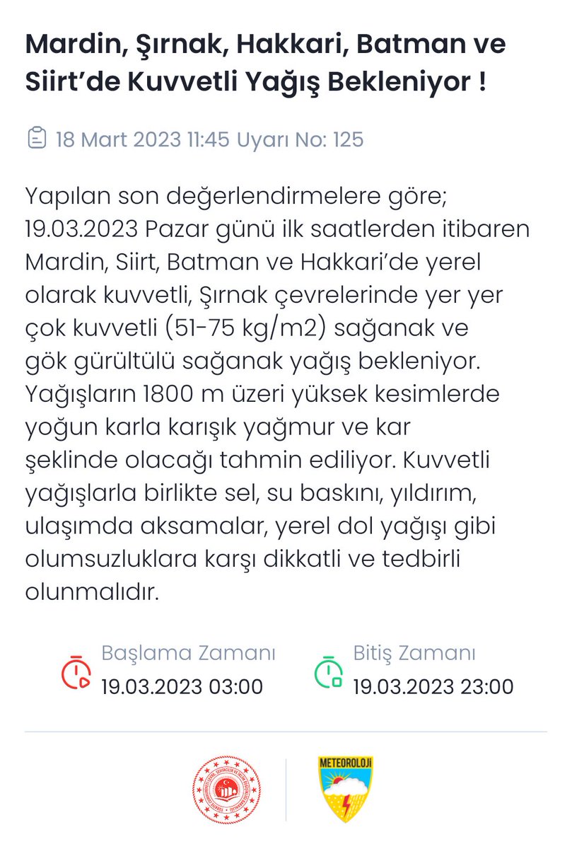 Meteoroloji (MGM) (@meteoroloji_twi) on Twitter photo 🔊Meteorolojik Uyarı
Mardin, Şırnak, Hakkari, Batman ve Siirt'de Kuvvetli Yağış Bekleniyor!
<a href="/AFADBaskanlik/">AFAD</a> <a href="/Mardin_Valiligi/">Mardin Valiliği</a> <a href="/SiirtValiligi/">Siirt Valiliği</a> <a href="/batmanvaliligi/">Batman Valiliği</a> <a href="/HakkariValiligi/">T.C. HAKKARİ VALİLİĞİ</a> <a href="/SirnakValiligi/">T.C. Şırnak Valiliği</a> 🔊Meteorolojik Uyarı
Mardin, Şırnak, Hakkari, Batman ve Siirt'de Kuvvetli Yağış Bekleniyor!
<a href="/AFADBaskanlik/">AFAD</a> <a href="/Mardin_Valiligi/">Mardin Valiliği</a> <a href="/SiirtValiligi/">Siirt Valiliği</a> <a href="/batmanvaliligi/">Batman Valiliği</a> <a href="/HakkariValiligi/">T.C. HAKKARİ VALİLİĞİ</a> <a href="/SirnakValiligi/">T.C. Şırnak Valiliği</a>