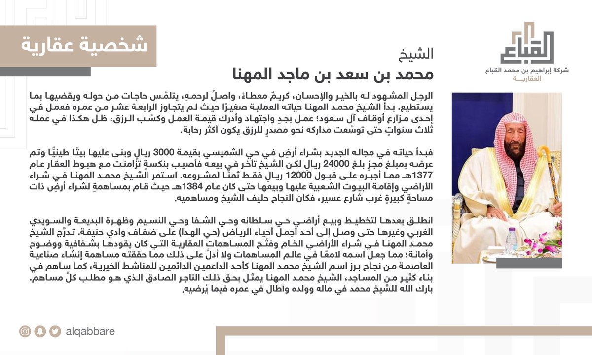 AlqabbaRE's tweet photo. الشيخ #محمد_المهنا -حفظه الله- عقاري عُرف بالخير والإحسان، بدأ عمله في المجال العقاري بشراء أرضٍ في حي الشميسي بقيمة 3000 ريال وبنى عليها بيتاً طينيًا وباعه بقيمة 12,000 ريال، خطط وباع بحي سلطانه والشفا والنسيم وظهرة البديعة والسويدي الغربي ووصل إلى أحد أجمل أحياء الرياض (حي الهدا).

#شخصيات_عقارية
#القباع_العقارية