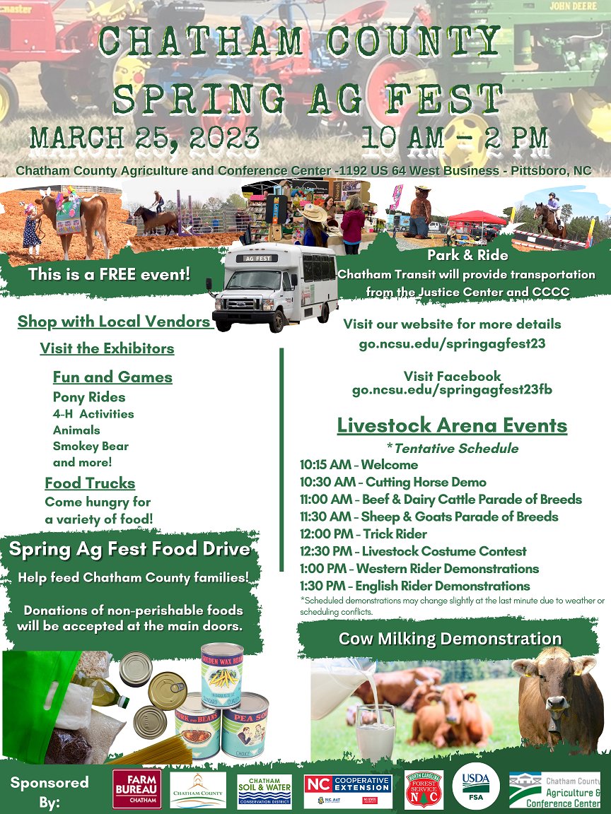 ChathamMeetings's tweet image. Chatham County invites the community to enjoy its 4th annual Spring Ag Fest at the Chatham County Agriculture &amp;amp; Conference Center (CCACC) on Saturday, March 25, 2023, from 10 a.m. to 2 p.m. The CCACC is located at 1192 US 64 Business West, Pittsboro.