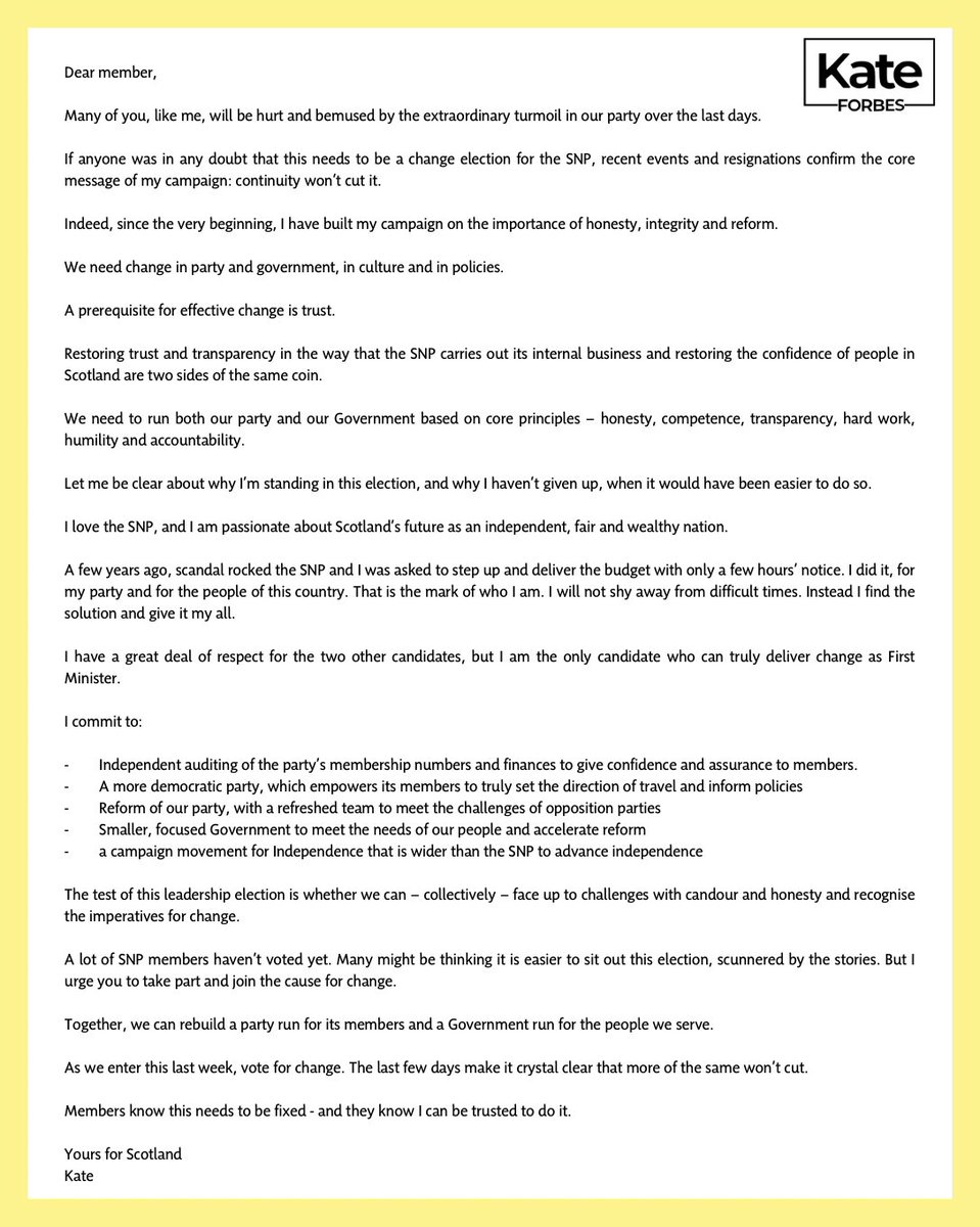 I have written an open letter to SNP members, specifically to those who haven't yet voted in the leadership contest. Don't lose your chance to vote for change. #Forbes4FM