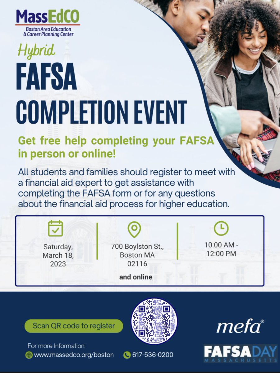 BeverlyPierce's tweet photo. MassEdCO Boston Education and Career Planning Center is so excited to host our hybrid FAFSA Day event at the Boston Public Library today! Financial aid experts will help with completing FAFSA form and answer questions about financial aid process. #fafsa #help  #Boston https://t.co/sYXm2yvR3g