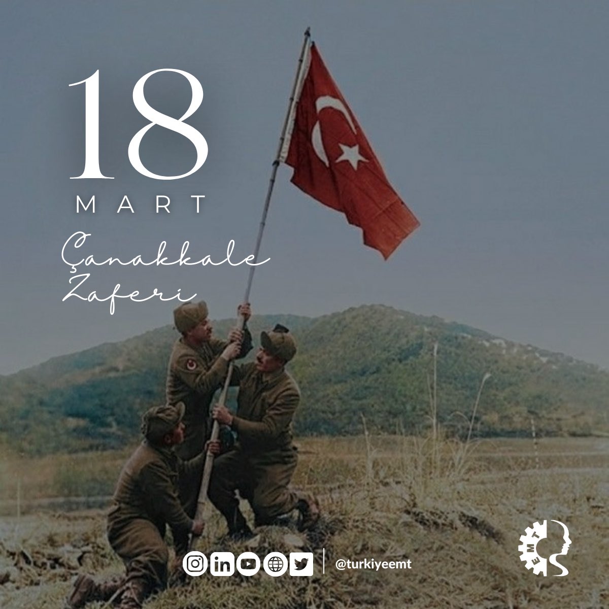 TurkiyeEMT's tweet photo. Çanakkale Zaferi, vatanseverlik, fedakârlık, cesaret gibi yüksek faziletlerin kahramanca sergilendiği bir destandır. 

Toprağı vatan yapan şehitlerimizi minnet ve saygı ile anıyoruz. 18 Mart Çanakkale Zaferimiz kutlu olsun!

#18martçanakkalezaferi #kutluolsun #türkiyeemt https://t.co/6UdsXT2EAX