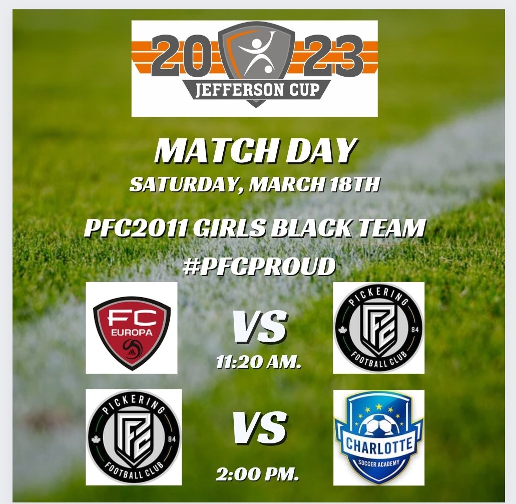 PickeringFC's tweet photo. Good luck to our 2011 Girls Black Team competiting today @jeffersoncup in Richmond, VA. All the best in your matches against FC Europa and Charlotte Soccer Academy! β½οΈ #PickeringFC #PFC2011Girls #PFCPROUD #JeffCup23 @cityofPickering @drsasoccer @Sport_Durham @OntarioIsSoccer https://t.co/M4GVWtR3ci