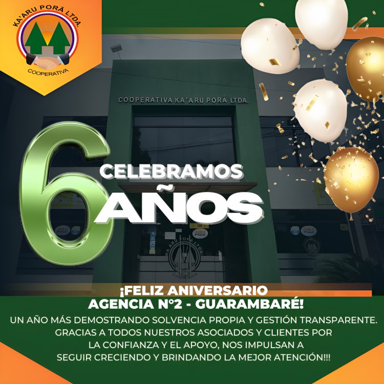 La Agencia de Guarambaré está de Aniversario 🎇 cumple 6 años brindando servicios con agilidad y excelencia!🤝

Agradecemos a todos nuestros asociados que nos acompañan día a día y nos ayudan a seguir creciendo 👏🏻 ¡Feliz Aniversario!