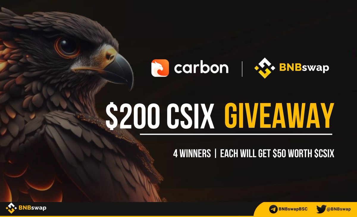 BNBSwap's tweet photo. 📢 To celebrate our partnership with #Carbon browser, we are giving away a $200 worth $CSIX 🏆

👉 4 Winners

🔸 Like &amp; RT
🔸 Follow @trycarbonio &amp; @BNBSwap 
🔸Join : https://t.co/4v1XvF5J56
🔸Post your #BSC wallet address👇

⏳ 24h ⏳

#Crypto #Giveaways #Airdrop #CSIX #BNBswap https://t.co/rdwwlU163V