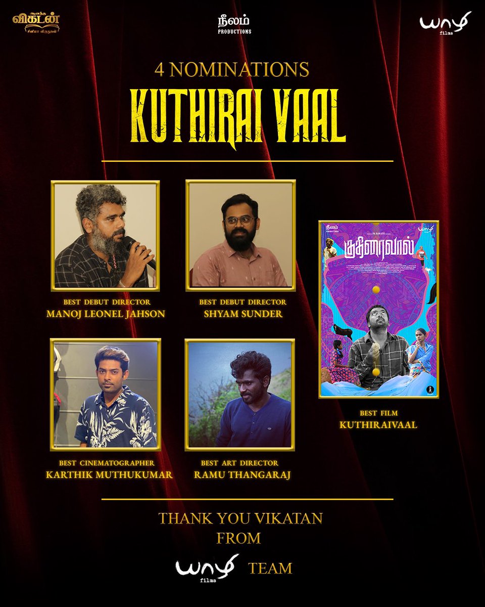 Yaazhi Films (@yaazhifilms_) on Twitter photo We are very happy to share that our film ‘Kuthiraivaal’ has been nominated in four categories of prestigious <a href="/AnandaVikatan/">ஆனந்த விகடன்</a> Cinema Awards 2022.
<a href="/Manojjahson/">Manoj Leonel Jahson</a> <a href="/Shyamoriginal/">Shyam Sunder</a> <a href="/karthikmuthu14/">Karthik Muthukumar</a> <a href="/RamuThangraj/">Ramu thangraj</a>
#kuthiraivaal We are very happy to share that our film ‘Kuthiraivaal’ has been nominated in four categories of prestigious <a href="/AnandaVikatan/">ஆனந்த விகடன்</a> Cinema Awards 2022.
<a href="/Manojjahson/">Manoj Leonel Jahson</a> <a href="/Shyamoriginal/">Shyam Sunder</a> <a href="/karthikmuthu14/">Karthik Muthukumar</a> <a href="/RamuThangraj/">Ramu thangraj</a>
#kuthiraivaal
