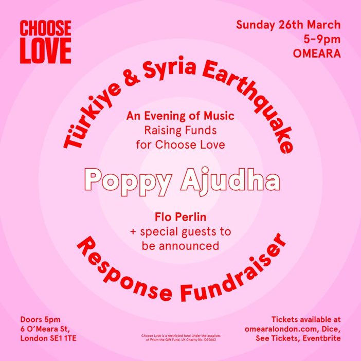 In London next Sunday? The brilliant @Floperlinmusic & @PoppyAjudha are bringing us an evening of music with all funds to @chooselove emergency earthquake appeal. Bring and tell all your friends! Tickets here : bit.ly/42jHGpY