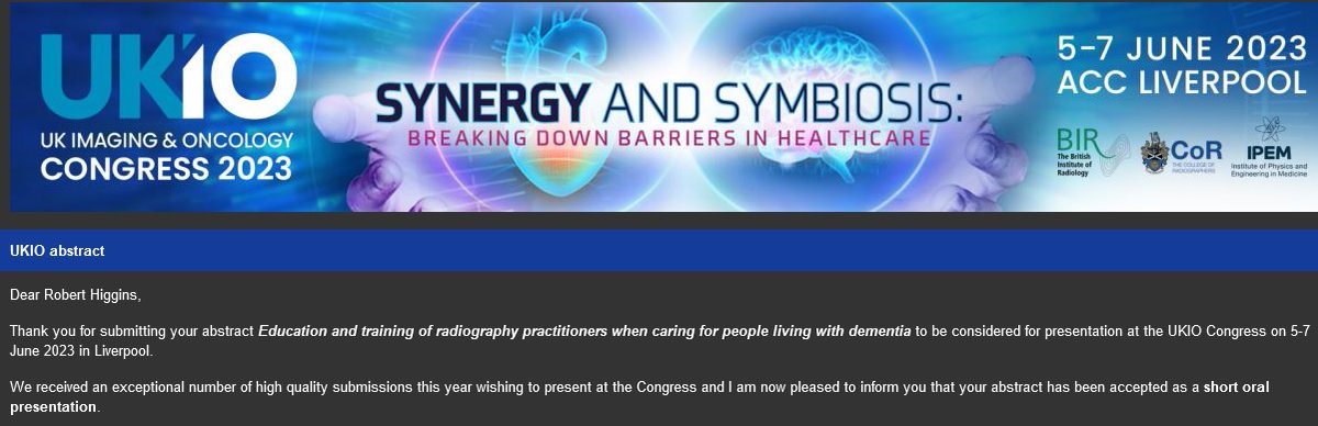 RHigginsSalford's tweet photo. Great to see that we have been accepted for a short oral presentation @UKIOCongress on #DementiaCareπ Looking forward to sharing findings from our #CoRIPS research @AcademiaAdam @salfordrads @SCoRMembers A good mix of topics at this session on #PatientCare https://t.co/8IRWObEOoE