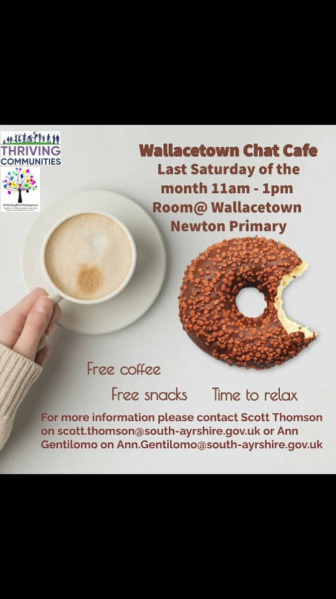 ScottT1910's tweet photo. Wallacetown Chat Cafe and Community Cinema returns on Saturday 25th March. Cafe open from 11am. You will also have the chance to talk about your Community along with Earth Hour activities 🙂🌍 @CLD_SAC @WallacetownH #ThrivingCommunities #workingforwallacetown #EarthHour https://t.co/PLHN3jTnrc
