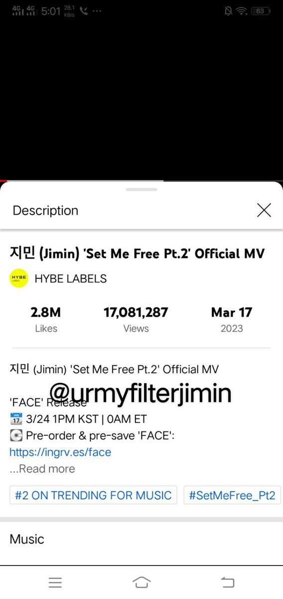 urmyfilterjimin's tweet photo. @Eine1881 @BTS_twt Day 2 Stream 1 Youtube

#SetMeFreePt2IsComing 
#SetMeFree_Pt2_OutToday
#지미니가_퍼포로_뿌시러옴

I AM LISTENING TO #SetMeFree_Pt2 from the album #Jimin_FACE by #JIMIN of @BTS_twt https://t.co/iBIgMKM8ti