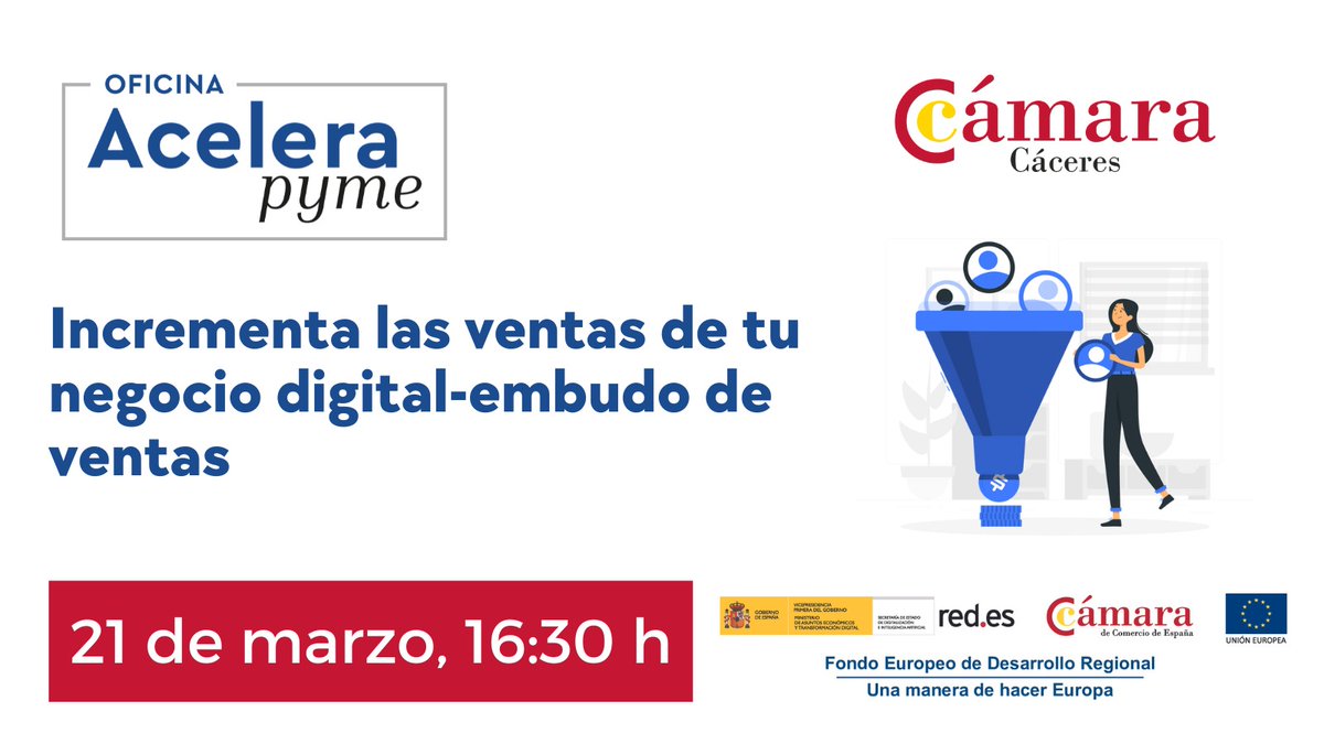 🖥️ ¡ÚLTIMAS PLAZAS para formar parte de este webinar gratuito de #AceleraPyme con el que aprenderás a convertir a tu público objetivo en clientes reales! 

✍️ Inscripciones:
oapcamaracaceres.com/jornada-06-202…

📅 21 de marzo | 16:30h | Zoom

#TransformaciónDigital #FondosFEDER