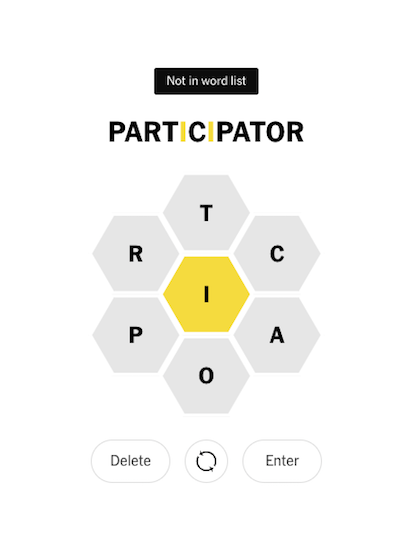 Macedoines's tweet photo. Is participator not a word in the US? @nytimes @Notaspellingbe1 #pangram https://t.co/DIokEAIEue
