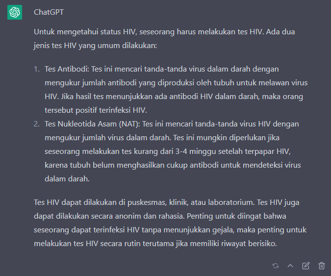 Nabscenter's tweet photo. Namun, tidak semua informasi dari Chat GPT dapat ditemukan dengan tepat. tidak ada filter informasi dalam Chat GPT ini. Untuk itu, dalam literasi digital, perbanyak filter informasi yah! Termasuk mengetahui status HIV kamu.
#ChatGPT #BERANIUpdateStatus #viral https://t.co/6149xmKv1L