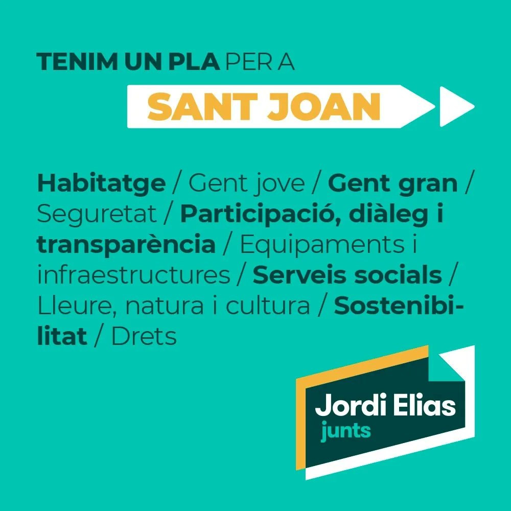 JordiSJD's tweet photo. Us presentem el primer dels 3 pilars que sostenen el nostre projecte per a Sant Joan.

Sota d'aquest "VISQUEM-HI" hi ha la voluntat de preservar l'essència del nostre poble i, sobretot, les idees que ens han de permetre assegurar-ne la qualitat de vida en el futur. https://t.co/Fxf4nzTPCk