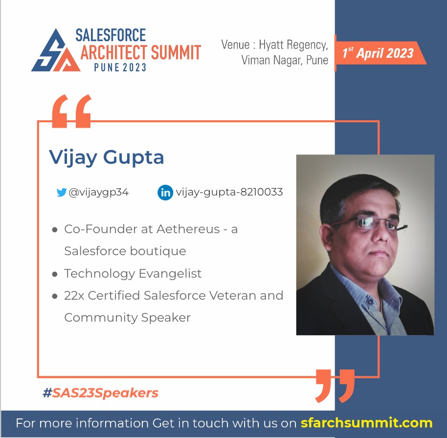 SFArchSummit's tweet photo. It is our honour to have @vijaygp34, Co-founder of @AethereusSF and a renowned Salesforce Architect as our speaker.

Vijay has established himself as an expert in delivering complex and scalable Salesforce solutions that drive business growth. 

#SAS23 #Speaker #Journey2CTA #CTA https://t.co/mE5ouGZhBG