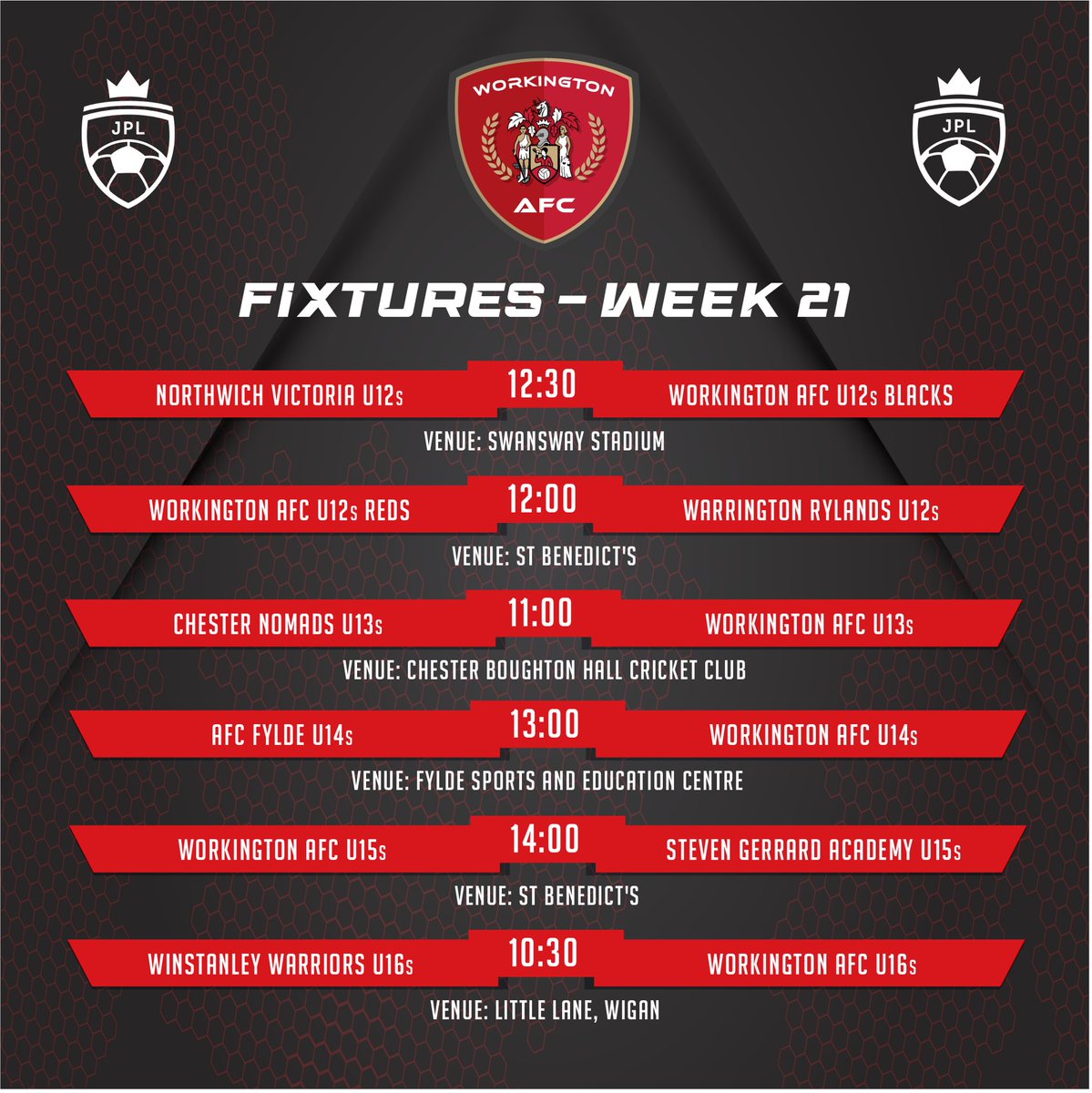 RedsInTheCommunity (@redsinthecom) on Twitter photo 🔴⚽️ ACADEMY | Here’s the fixtures for our <a href="/jpluk/">Junior Premier League</a> teams today. Good luck and enjoy your games!
#workingtonafc #futurereds #jpl 🔴⚽️ ACADEMY | Here’s the fixtures for our <a href="/jpluk/">Junior Premier League</a> teams today. Good luck and enjoy your games!
#workingtonafc #futurereds #jpl
