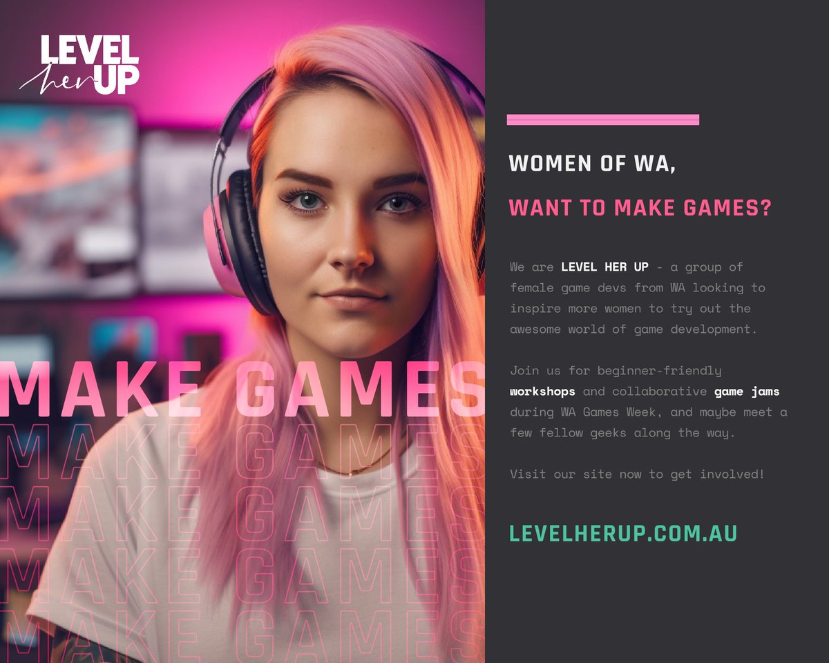 Calling all aspiring female game developers! We're excited to launch our new organisation Level Her Up, dedicated to bringing together female game developers from all walks of life in Western Australia.
levelherup.com.au #gamedev #wa #perth #games #womeningames