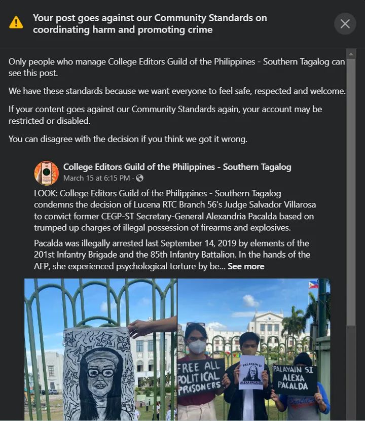 CEGPhils's tweet photo. ALERT: Meta took down our Southern Tagalog region chapter's Facebook post on the promulgation of the trumped-up charges on our alumnus and ST-based human rights worker Alexa Pacalda.

#NoToDigitalCensorship 
#DefendTheCampusPress https://t.co/7XKRYfs0go