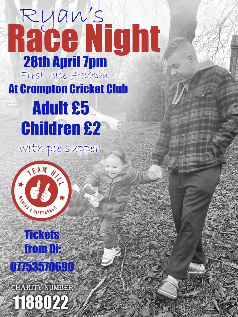 hil3494's tweet photo. Team Hill Charitable Trust are holding a Race Night at Crompton Cricket Club on Friday 28th April to raise funds for Ryan Simonaitis to help towards his private cancer treatment!!

Come and join us and help support Ryan and his family!!
 
Tickets are £5.00 for adults and £2:00 for children which includes nibbles and a Pie Supper!

Tickets can be purchased either by bank transfer or PayPal - Contact Di on the number below! 

Race Sponsorship is £20.00 and horse sponsorship is £10.00!!

Please come and support this wonderful family and help make a difference - it’ll be great to see you all there!! #MakingADifference #RaceNight 

@Oldham_Hour @CromptonFC @barry_conexus @TEAMHILL10
