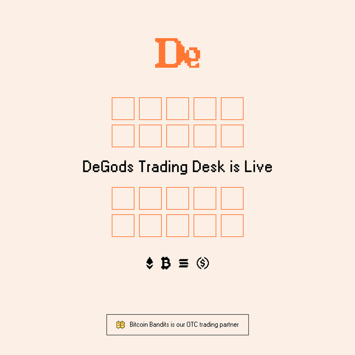 DeGodsNFT's tweet image. Secondary trading is now open in @DeGodsNFT discord.

You can buy and sell BTC DeGods using BTC, ETH, SOL, or USDC. 

@chartfu and @ZK_shark will be the trusted OTC partners and facilitate all trades to begin. 1/5