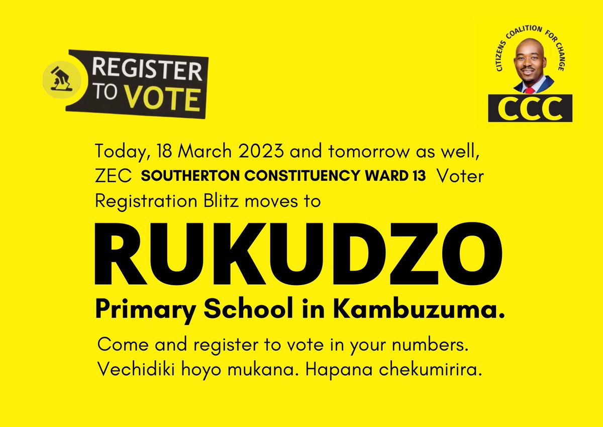 Wonderful numbers at #RukudzoPrimarySchool in #Kambuzuma #Ward13 #SouthertonConstituency. Bhora mberi ladies and gents. Vechidiki mirai papena. Rinogohwa chete.
#RegisterToVoteZW #OnePlusFive #TheYouthFactor #ZimVotes2023