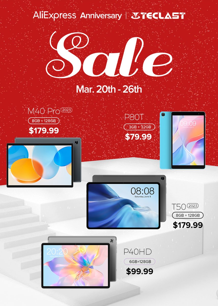 TeclastOfficial's tweet photo. Join us for the ultimate celebration of savings during AliExpress's 13th Anniversary Sale!
From Teclast #T502023 to #M40Pro2023, #P80T, and #P40HD, Teclast tablets have the power and performance you need to stay connected and productive.
Shop Now: https://t.co/jZcRgLqws3 https://t.co/ptll07ijaj