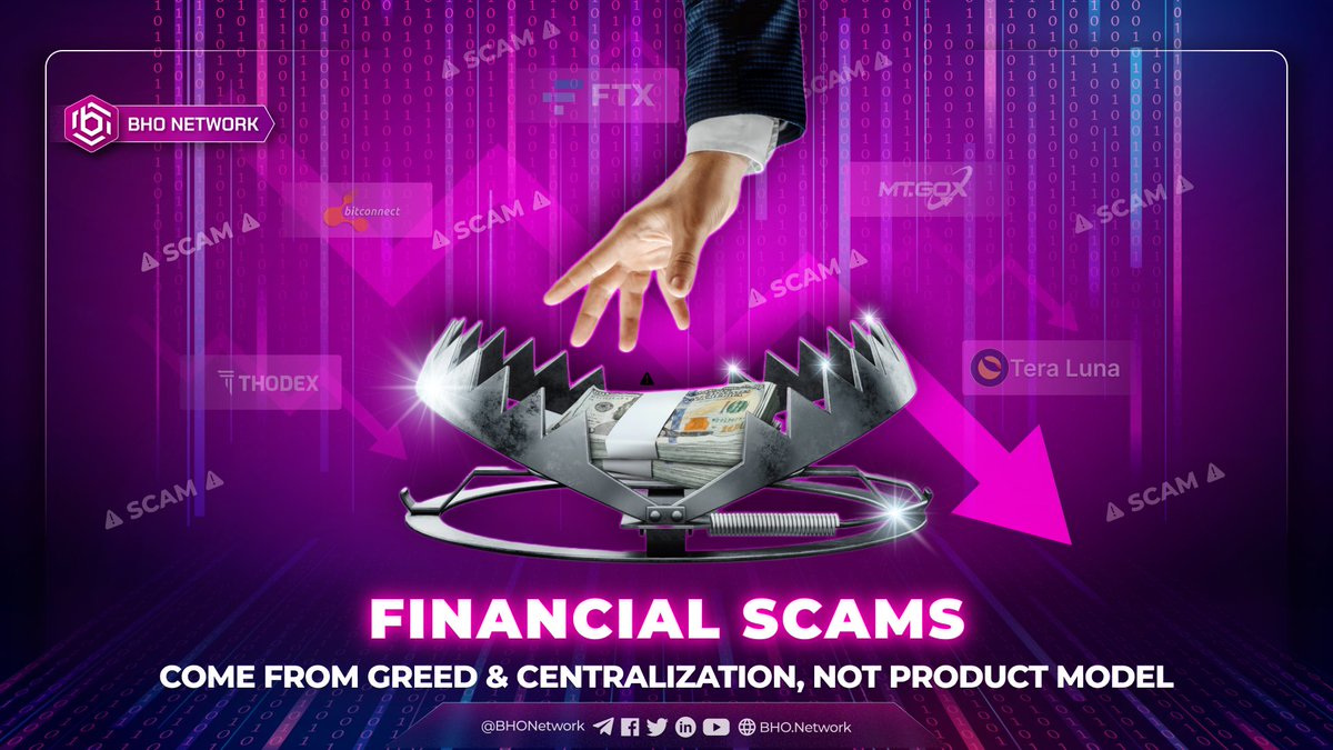 bhonetwork's tweet photo. FINANCIAL SCAMS COME FROM GREED & CENTRALIZATION, NOT PRODUCT MODEL 🔥
Cryptocurrencies have spent a long time under the #Scam stereotype.
Through technology advancement, cryptocurrency has shown that scams come from greed, not from the platform.
#bhonetwork #bho https://t.co/yeRUodVSvA