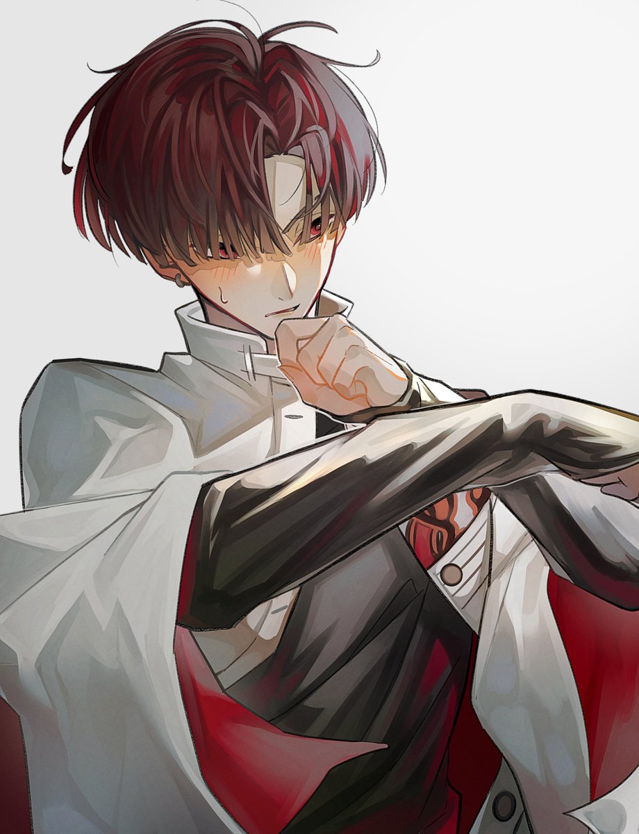 1boy male focus solo red hair red eyes long sleeves blush  illustration images