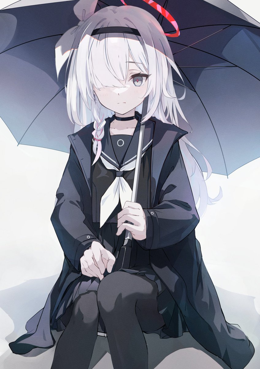 1girl solo umbrella hair over one eye pantyhose school uniform holding umbrella  illustration images