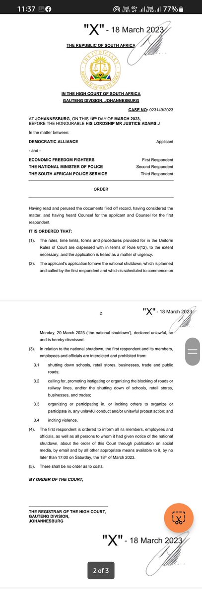 AND THERE WE HAVE IT! The #NationalShutdown has been declared ILLEGAL and the <a href="/EFFSouthAfrica/">Economic Freedom Fighters</a> have until this afternoon to tell all their "Fighters" to call it off! Spread this message far and wide! Well done <a href="/Our_DA/">Democratic Alliance</a> on this victory in the courts. #VoetsekEFF